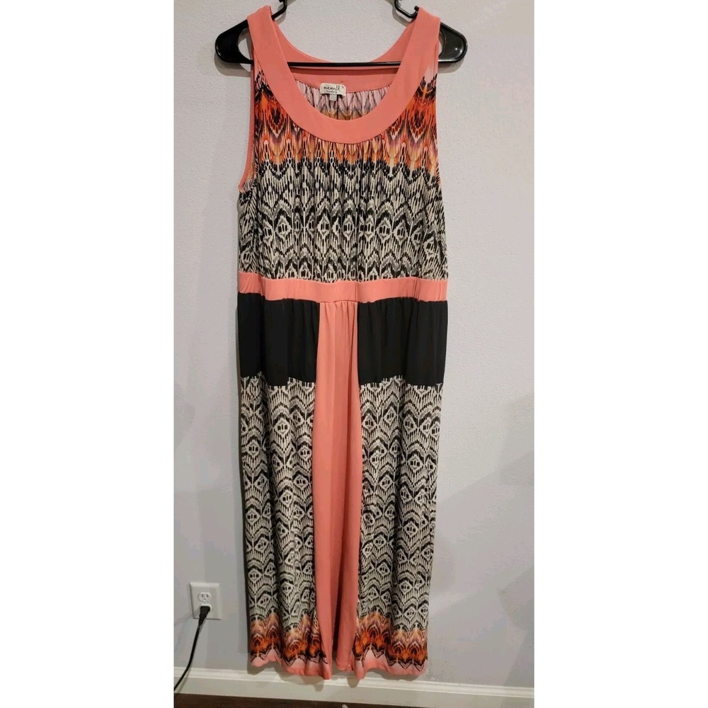 One World Women's Plus 1X Multi-color Print Scoop Neck Stretch Maxi Dress